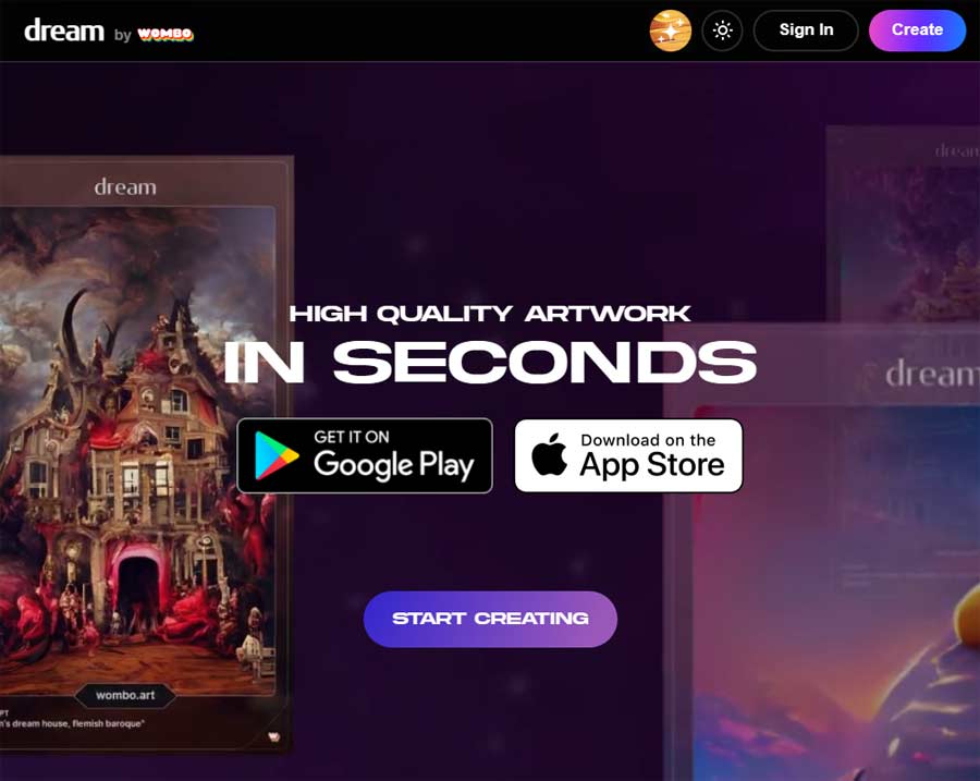 Dream by WOMBO AI Art Tool Landing Page