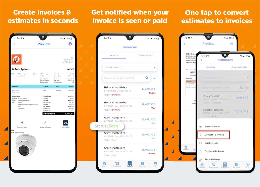 SIR Simple Invoice & Receipt Maker App Screens